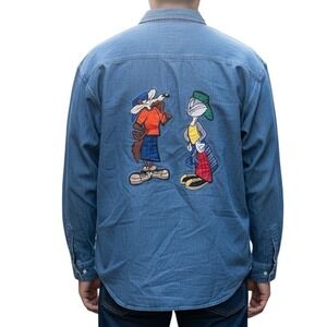 Vtg Looney Tunes Shirt Mens XL Denim Bugs Bunny Taz Embroidered 90s Button‎ Up